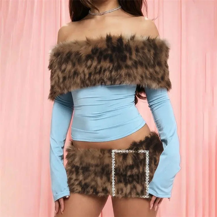 2 PCS Set Pink/Blue/Black Color Women Sexy Autumn Winter Fashion Women Evening Rave Party Night Clubwear Outfits Fur Leopard Splice Off Shoulder Crop Top and Fur Mini Skirt Women Sexy Clothing Supplies