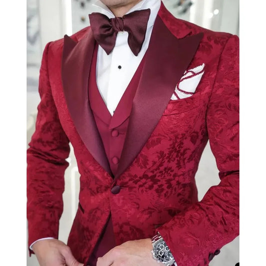 Boutique Gala HOT SALE 3 PCS Set 8 Colors S-6XL Plus Size Curvy Men's Marriage Jacquard Floral Pattern Luxury Wedding Groom Men Suit Tuxedo Slim Fit Man Blazer Jacket + Pant +Vest Red Carpet Celebrities Luxury Apparel Supplie