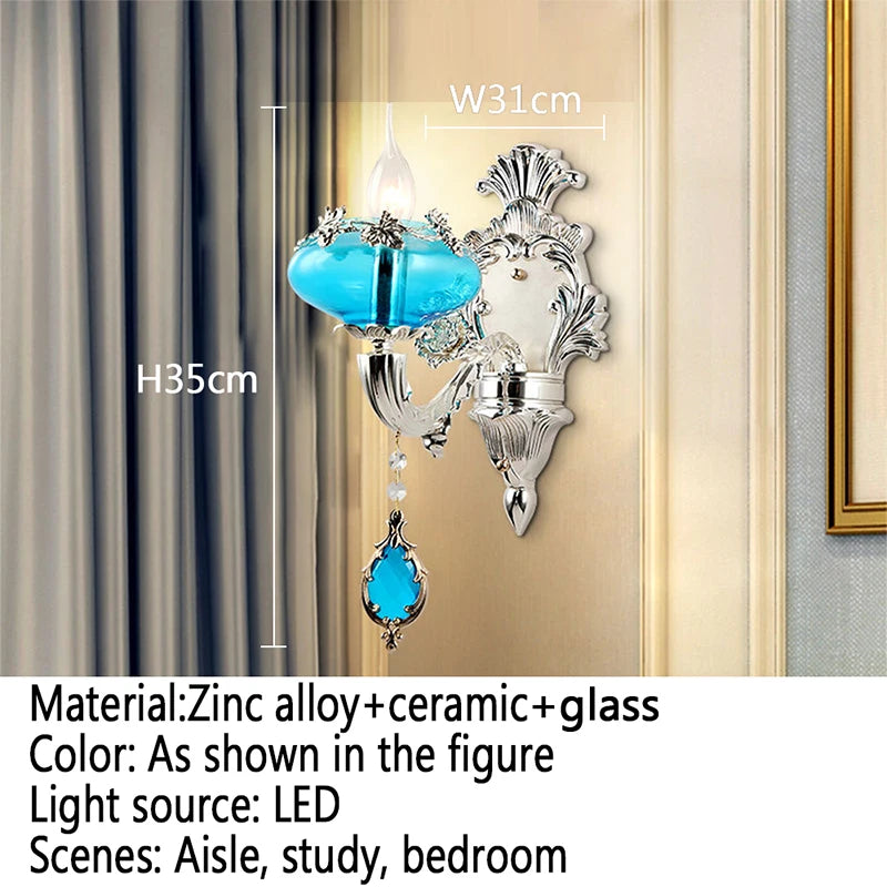Villa Home Luxury European Blue Crystal Wall Lamp Luxury Living Room Bedroom Bedside Lamp Background Wall Corridor Villa Hotel Lighting.