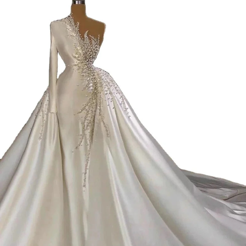 Boutique Gala HOT SALE TOP Luxury Women's Beaded Lace Fabric Pearl White Bridal Wedding Dress Ball Gown Elegant Luxurious Rhinestones Crystal Ruffles for Wedding Boho Evening Wedding Prom Party Ladies Luxury Apparel Supplies