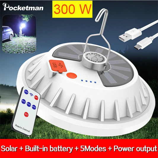 NEW Arrivals 300W Rechargeable LED Bulb Lamp Remote Control Solar Charge Lantern Portable Emergency Night Market Light Outdoor Camping Home Garden Lights