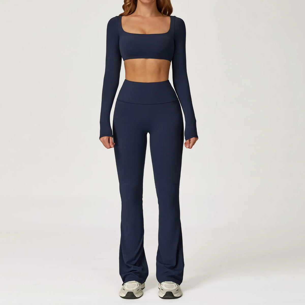 2-Piece Yoga Set Women Long Sleeve Square Neck Crop Top & High Waist Flare Pants Set Scrunch Butt Gym Fitness Activewear