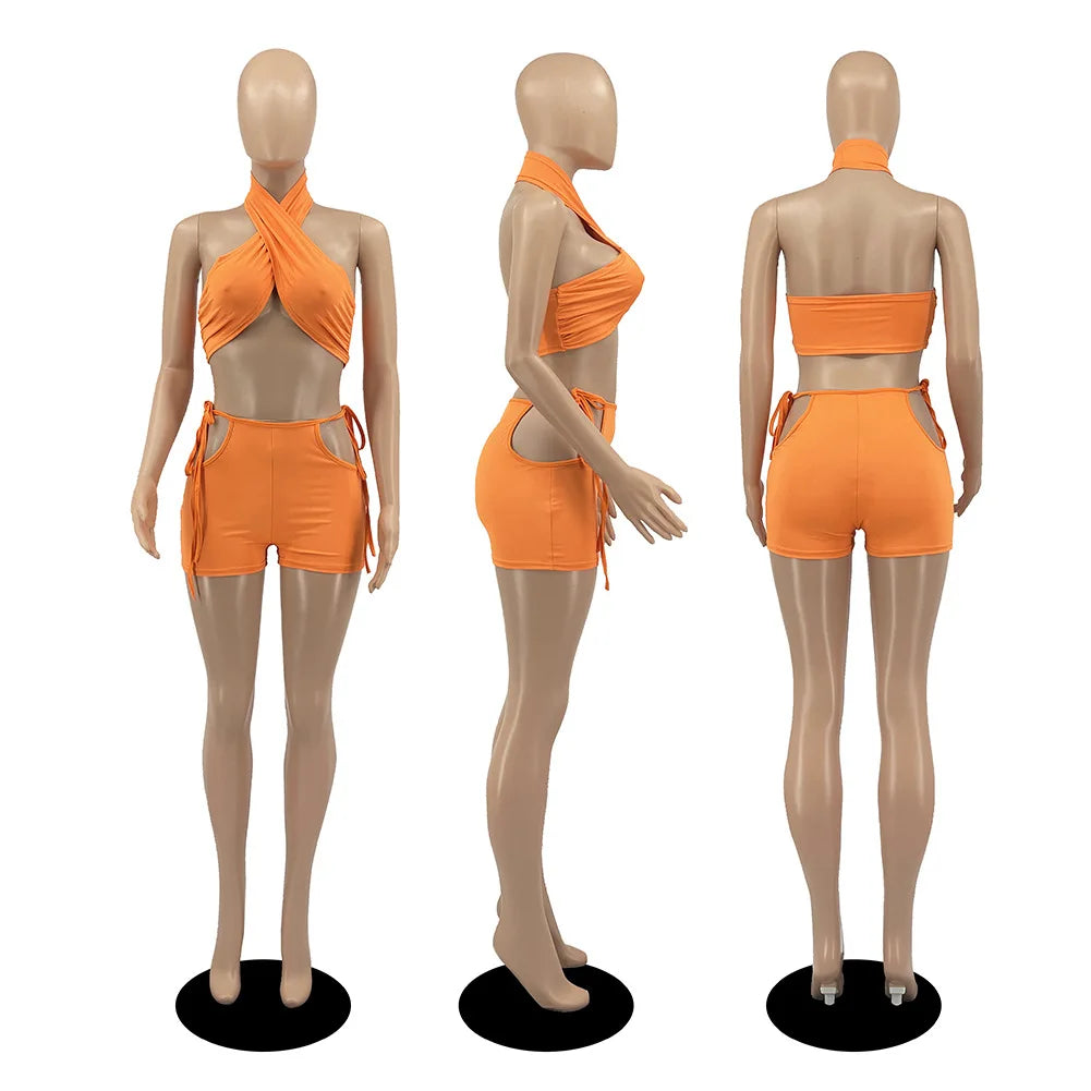 NEW Arrivals 2PCS Set 9 Colors Women Sexy Ruched Bandage Criss Cross Solid Hot Women Spring Summer Backless Evening Beach Party Night Club Crop Top and Shorts Matching Set