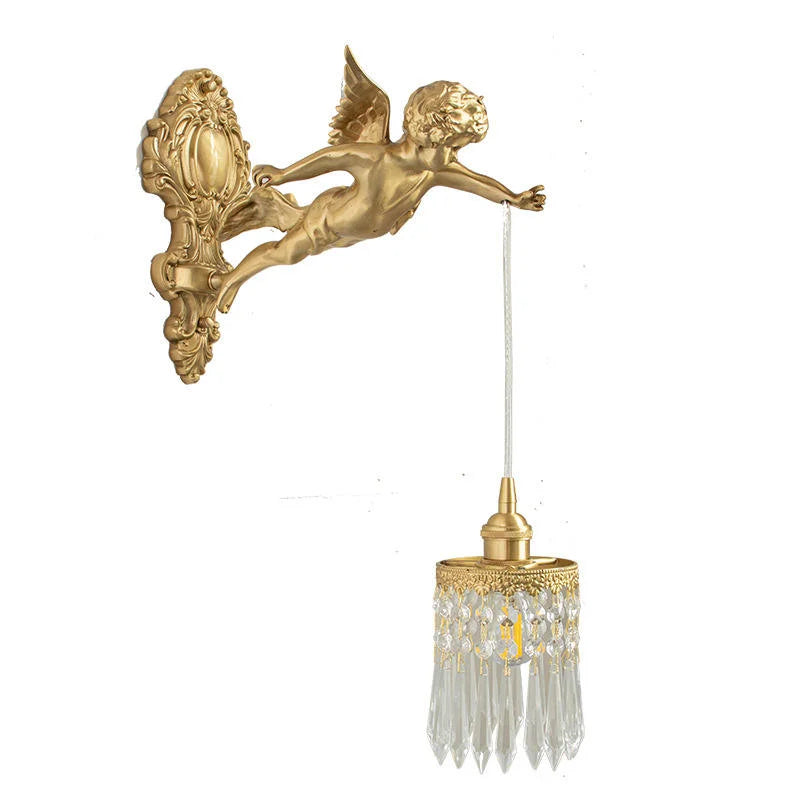 NEW French Retro All Copper Angel Wall Lamp, Vintage Living Room Bedroom Study, Retro Light Luxury Crystal Brass Lighting Fixture