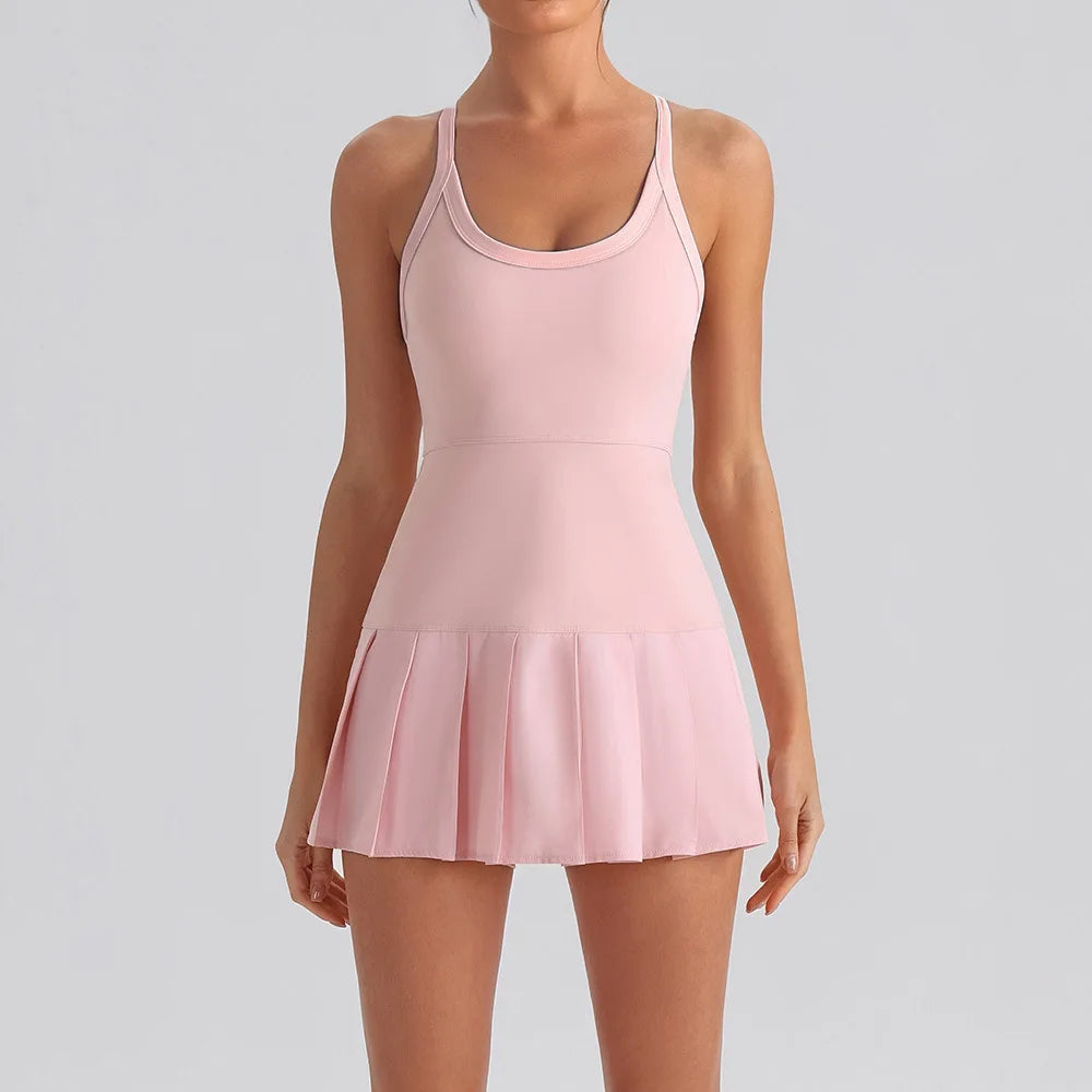 NEW Arrivals Women Luxury One Piece Sexy Cross Back Tennis Dress Built-In Shorts with Pockets Chest Pad High Stretch Breathable Dress for Pickleball Activewear Workout Mini Dress Women Sports Clothing Supplies