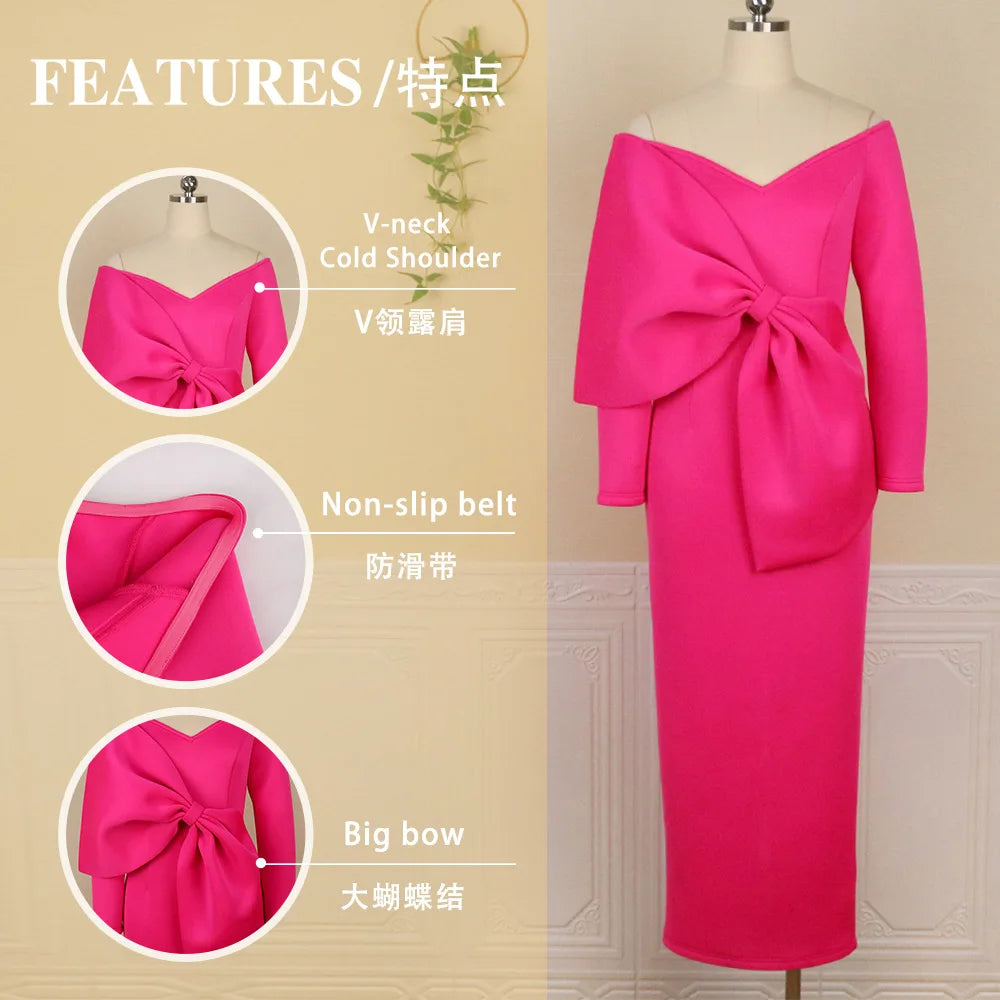 Boutique Gala Hot Selling S-3XL Plus Size Elegant Rose Big Bowtie Off Shoulder Deep V-Neck Wedding Guest Night Prom Party Dresses Women Long Gown Evening Dresses Ladies Apparel Supplies