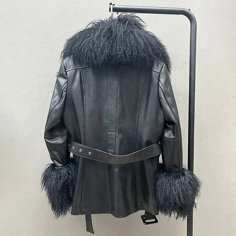 Boutique Gala HOT SALE S-2XL Women's  Real Mongolian Lamb Fur Collar and Cuff Genuine Sheep Leather Jacket Winter Autumn Warm Black Outerwear Coats Ladies Luxury Apparel Supplies.