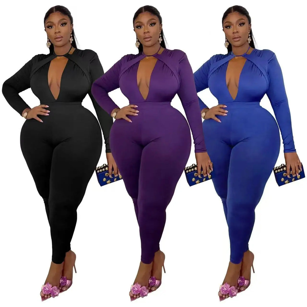 HEY BIG GIRLS.. XL-5XL For Curvy Ladies Trendy Long Sleeve Sexy Jumpsuits for Women Sexy V-Neck Plus Size Clothing Elegance Fall Outfits Evening Party Night Clubwear Clothes