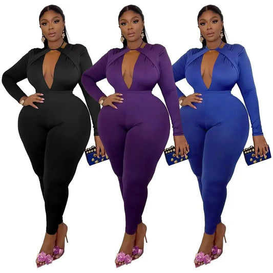 HEY BIG GIRLS.. XL-5XL For Curvy Ladies Trendy Long Sleeve Sexy Jumpsuits for Women Sexy V-Neck Plus Size Clothing Elegance Fall Outfits Evening Party Night Clubwear Clothes