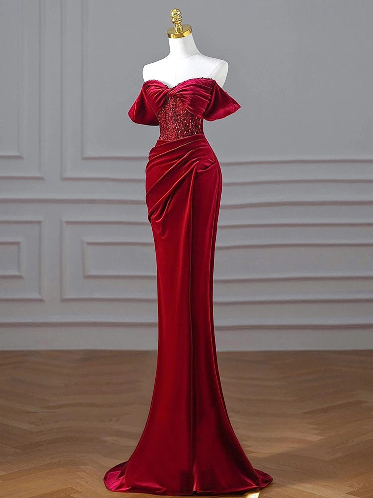 Boutique Gala HOT SALE Satin Maxi Gown Celebrities Red Carpet High Quality Christmas Red Floor Length Pearl Sequin Mermaid Evening Party Dress Off Shoulder Satin Formal Gown Gala Dresses