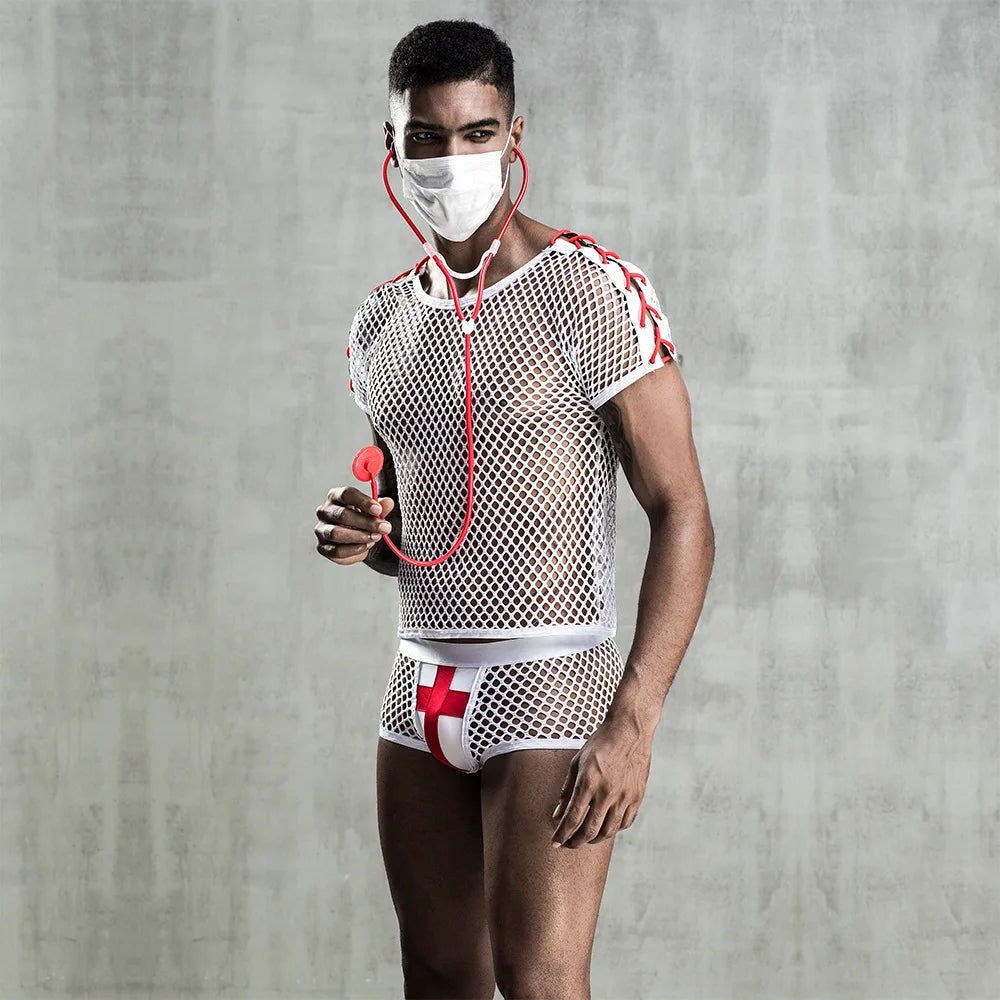 Gay Men Sexy Mesh Doctor Uniform Role Play Set Cosplay Gay Bar Dance Perform Costume Outfit