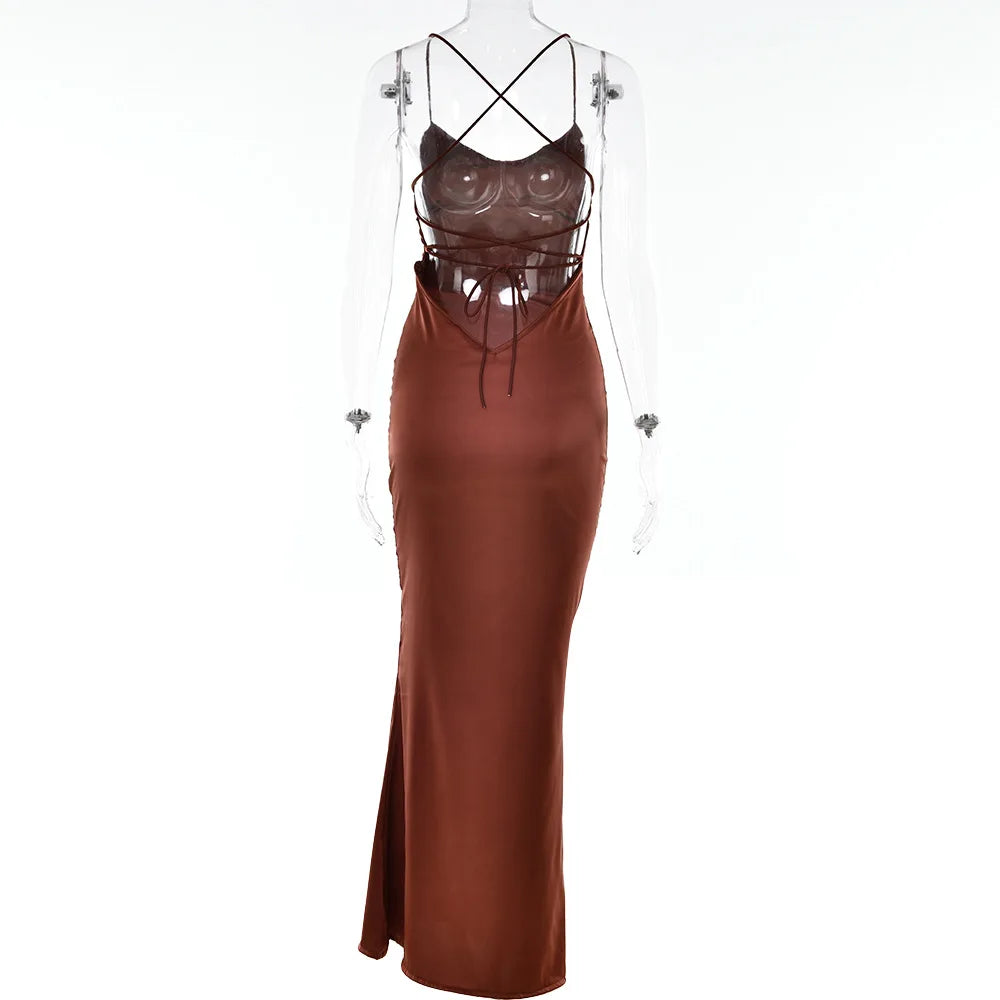 Autumn Spring Satin Backless Lace Up Mermaid Slip Sexy Dress Women Sweetheart Neck Sexy Slim Bodycon Dresses Elegant Silk Gown Evening Party Night Clubwear Ladies Sexy Apparel Supplies
