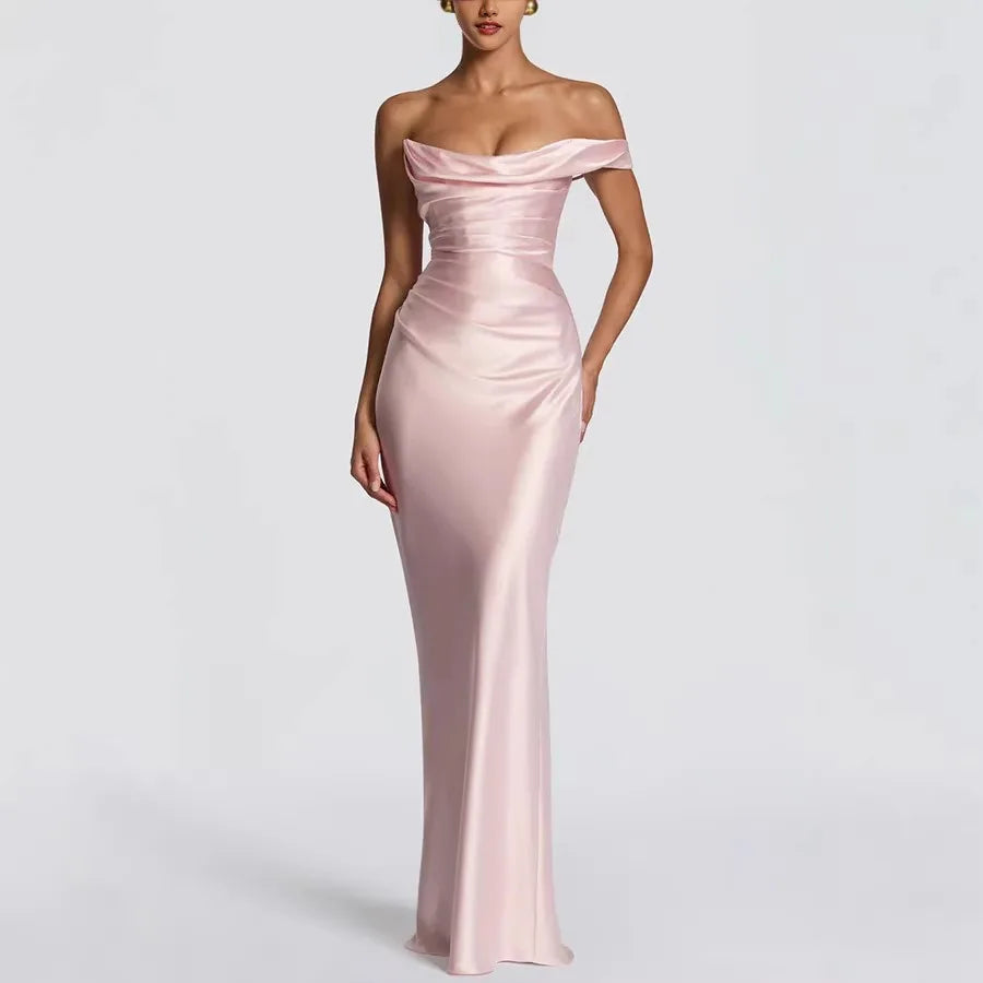 Women's Sexy Top Quality Spring Autumn  Summer New Luxury Banquet Evening Party Dress Strapless Fishbone Pleated Hip Hugging Women's Maxi Long Sexy Gown