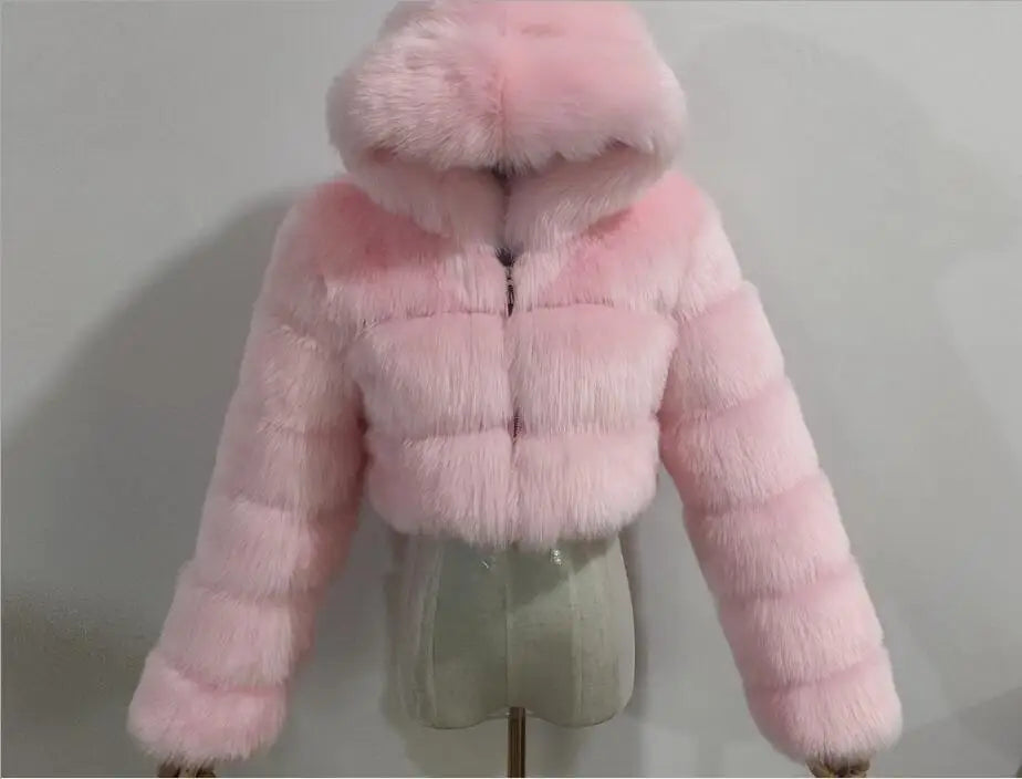 NEW Arrivals S-3XL Coffee/Dark Gray/Black Fashion Women Environmental Red Faux Fox Fur Coat with Hood Thick Warm Full Pelt Fake Fur Jacket Short Winter Woman Fur Coat Ladies Girls Luxury Fashion Clothing Supplies