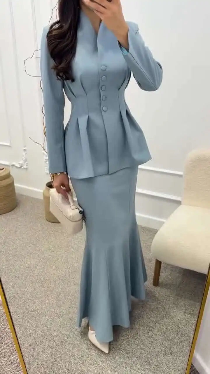 2 PCS Set 4 Colors S-2XL Islam Religious Clothing Dubai Plain Blouse Eid Formal Dresses Elegant Blazer Modest Skirts Women Wedding Guest Birthday Evening Party Suit Muslims Apparel Sets Clothing Supplies.