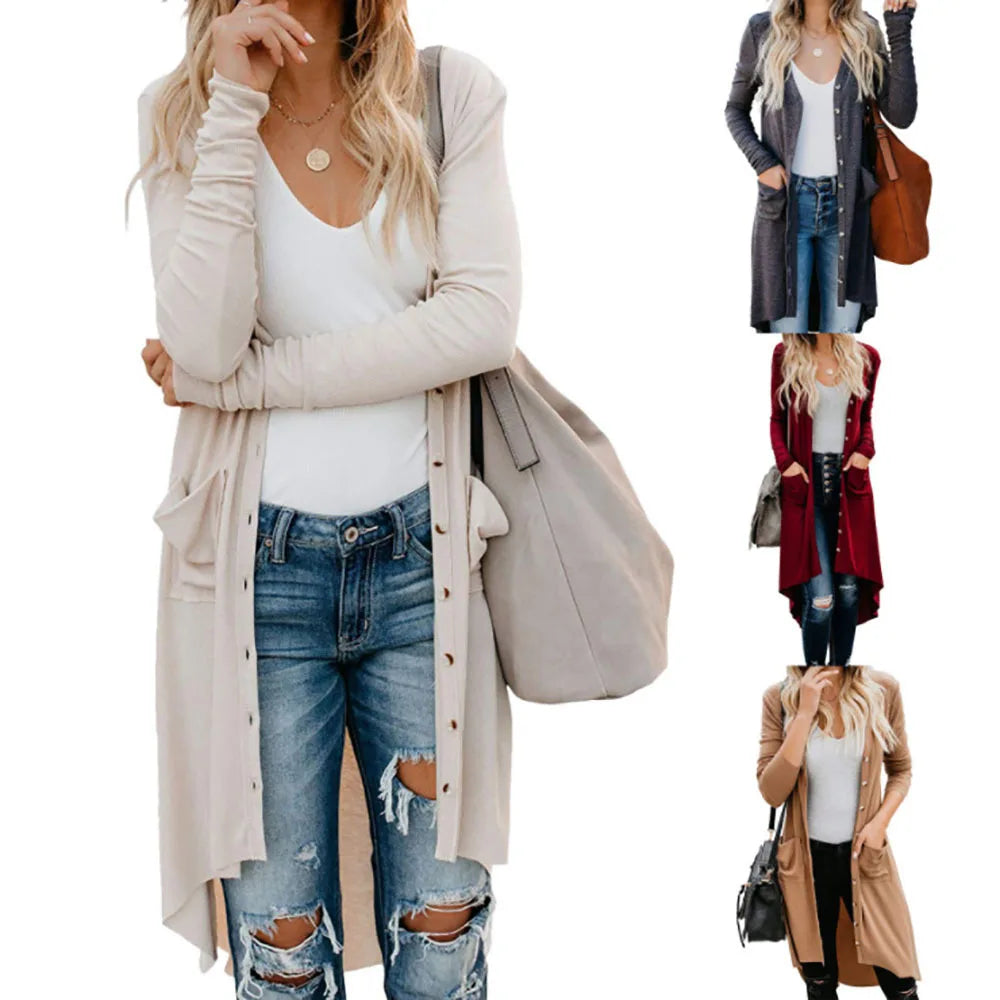 8 Colors S-2XL Women's Top Quality Long Sweater Cardigan Pocket Knitting V-Neck Winter Warm Outerwear Sweater With Pockets  Long Jackets Ladies Casual Clothing Supplies