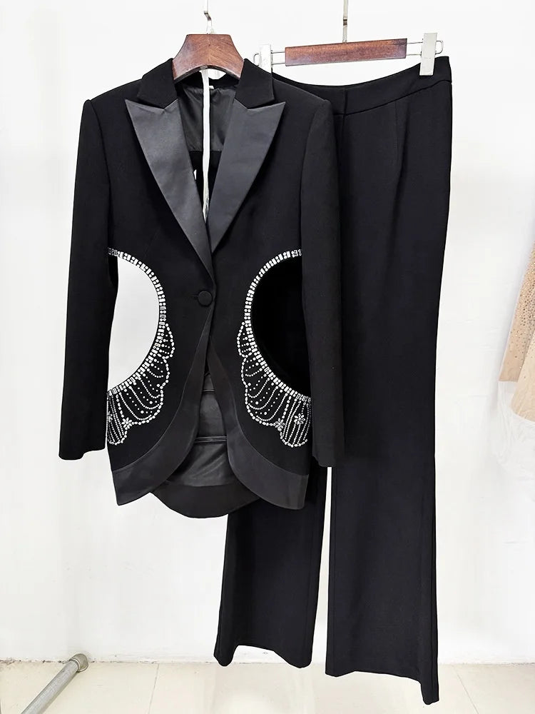 Boutique HOT SALE NEW Arrivals 2 PCS Set S-2XL High Street Fashion Elegant Cutout Rhinestones Diamonds Luxury Black Blazer Jacket Pants  Women Suit Set Ladies Luxury Apparel Supplies