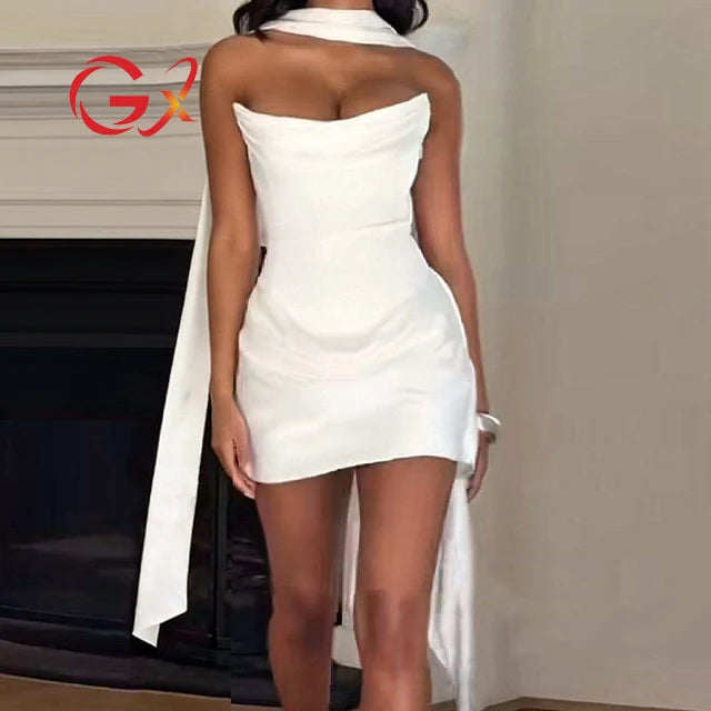 5 Colors High Quality Women Sleeveless Mesh Patchwork Tube Mini Dress Sexy Evening Party Backless Evening Dresses with Scarf Night Clubwear Mini Gowns Ladies Sexy Clothing Supplies
