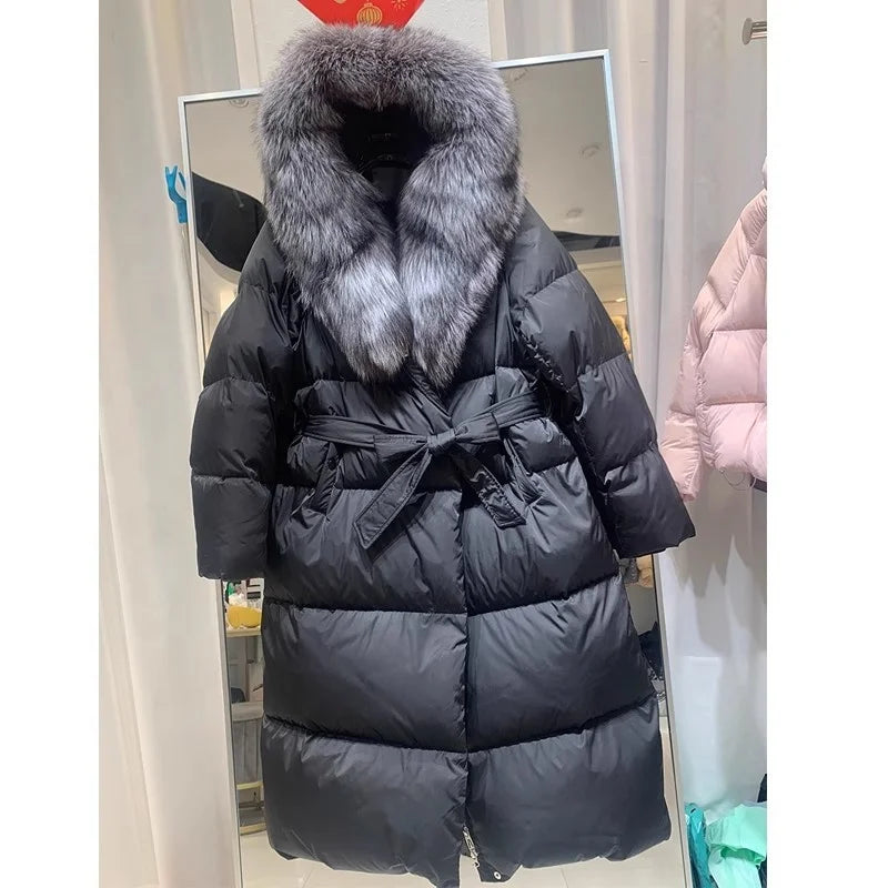 BEST PRICE S-2XL Top Quality Large Natural Silver Fox Fur White Duck Down Thickened Windbreaker Parkas Coat Long Over Knee Windproof Coats Winter Warm Real Fur Coat Snow Boots Outerwear Jackets Ladies Winter Apparel Supplies