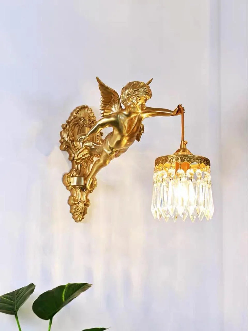 NEW French Retro All Copper Angel Wall Lamp, Vintage Living Room Bedroom Study, Retro Light Luxury Crystal Brass Lighting Fixture