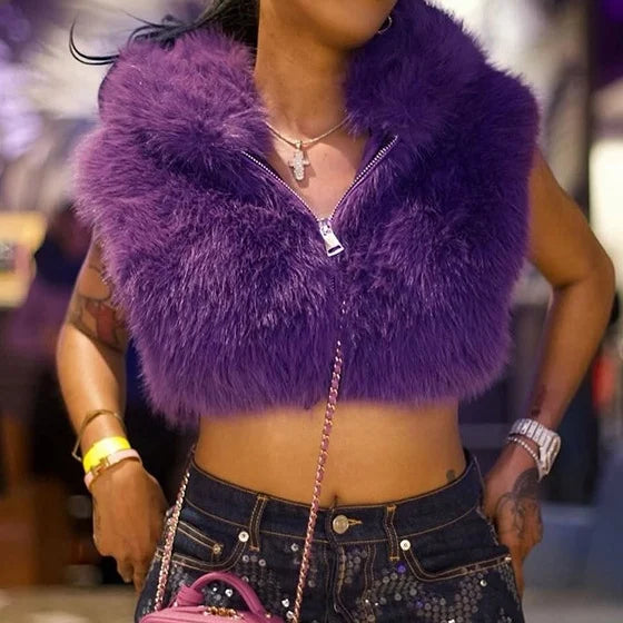 Black/Yellow/Purple Color Women's Fashion Solid-Color Fur Zipper Hooded Sleeveless Crop Top Short Vest  Fashion Women Streetwear Casual Apparel Accessories