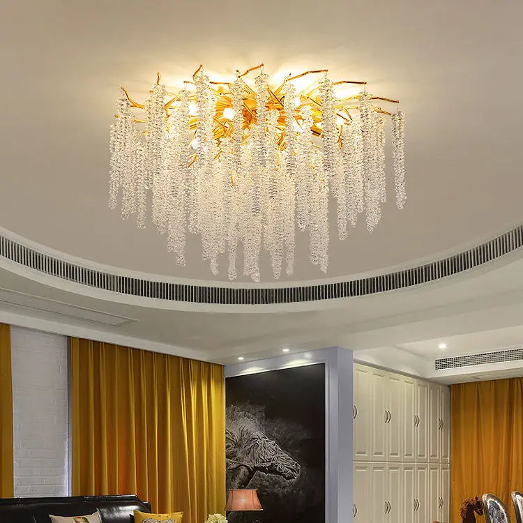 Villa Home Living Room Gold Aluminum Branch Crystal Ceiling Chandelier Light Modern Luxury Tassel Glass Pendant Lamp Living Bedroom Decorative Hanging Lighting Supplies