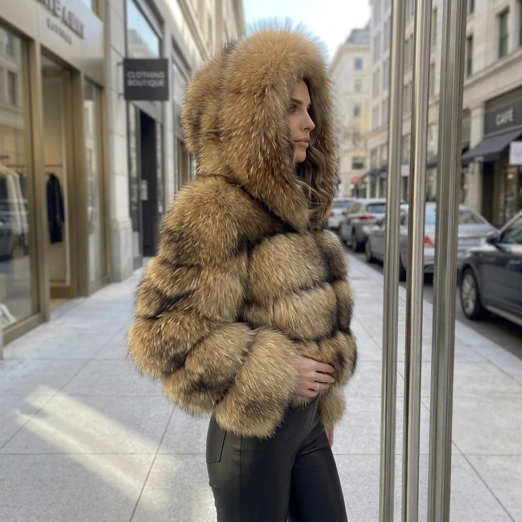 Just Arrived S-3XL Plus Size  New Style 100% Real Raccoon Fur Hooded Long Sleeves Winter Warm Coat Women Real Fur Snow Boots Outerwear Jacket Natural Raccoon Fur Coat Ladies Luxury Apparel Supplies