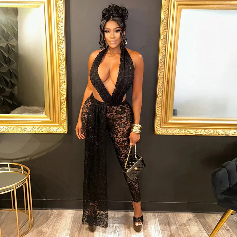 NEW Arrivals Black/Red Color Women Sexy Evening Party Night Clubwear Hot Sexy Sleeveless Backless Lace Pants Jumpsuit