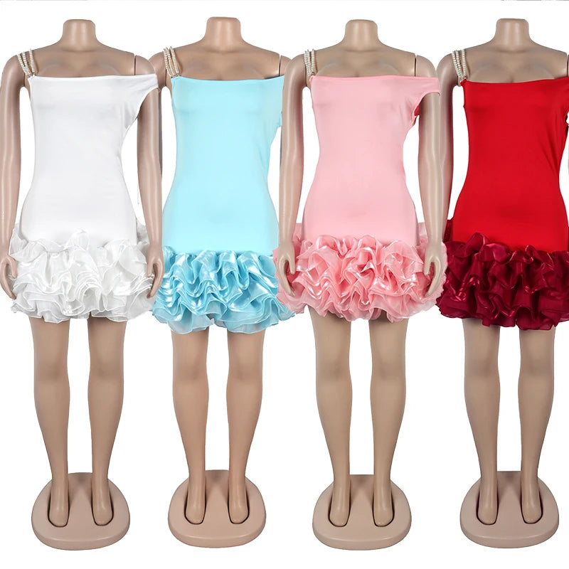 S-3XL 4 Colors Autumn Spring Women's Ruffle Mini Dress Elegant Woman Lovely Chic Bodycon for Wedding Birthday Party Night Clubwear Prom Short Mini Gown