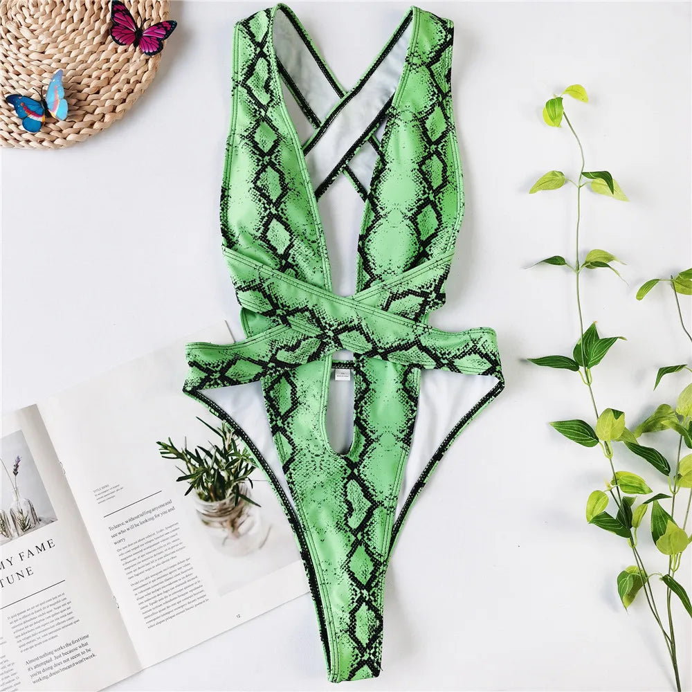 Sexy  Snake Swimwear Women Vintage One Piece Swimsuit Female  Backless Monokini Hollow Bathing Suit Swim Wear