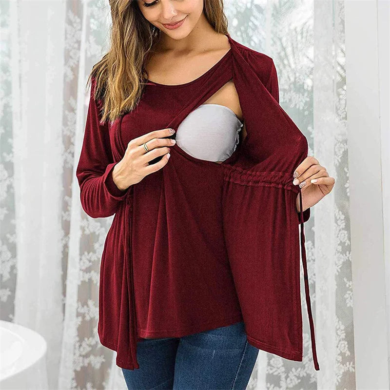 S-2XL Black/Red Solid Color Women's New Long-Sleeved Nursing Top O-Neck Fashion Casual Maternity Breastfeeding Tops Blouses Female Pregnancy Clothing Supplies