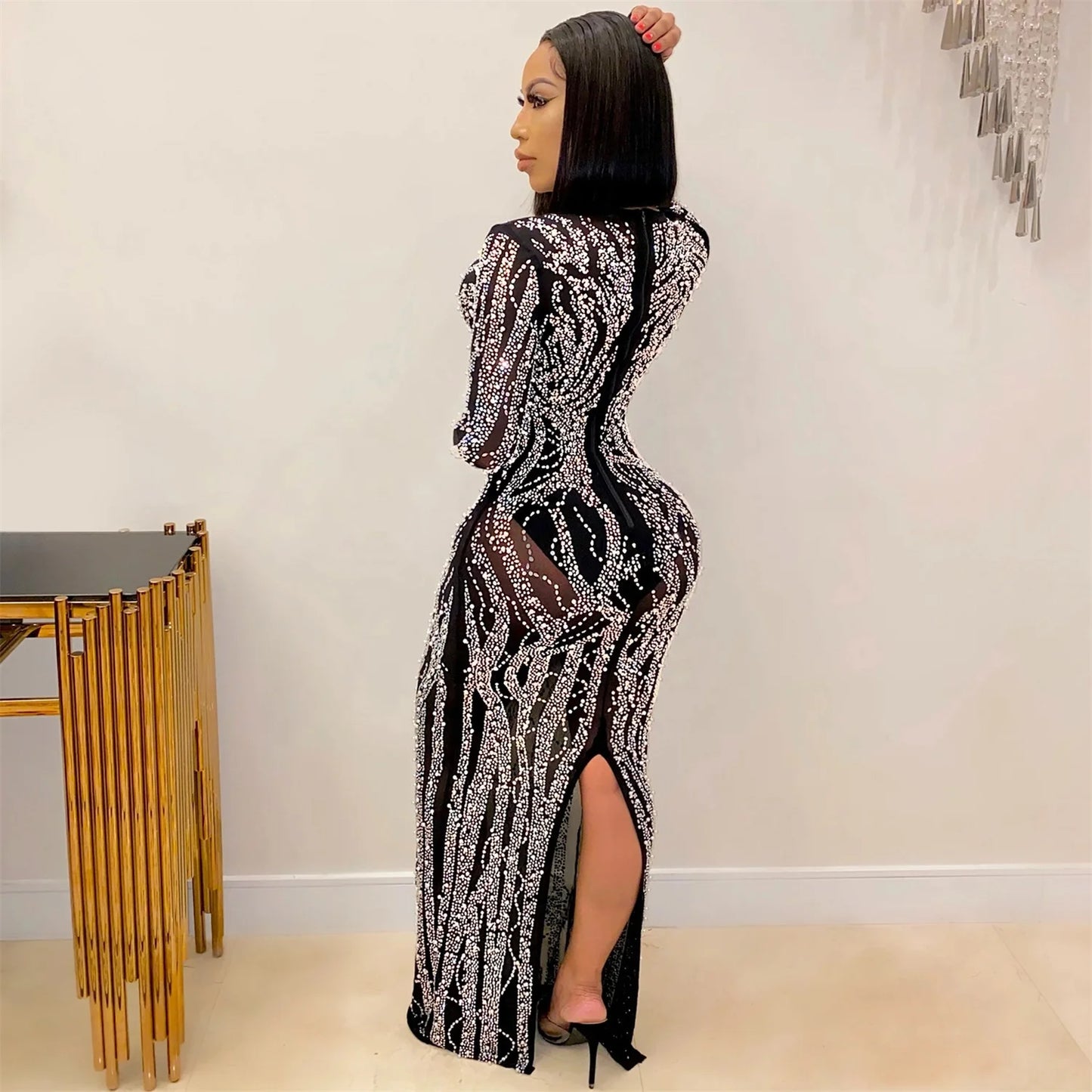 NEW Stylish Women Long Sleeve Sexy High Split Deep V-Neck Mesh Rhinestone Crystal Luxury Cocktail Party Night Club Prom Diamond Dresses Evening Cocktail Party Wedding Guest Ladies Luxury Apparel Supplies