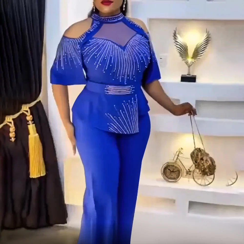 NEW Arrivals 2 Pcs Set 4 Colors African Women Tops and Pants Plus Size Fashion Casual Suit Europe America Suits Elegant Office Lady Clothing for Wedding Guest Birthday Evening Prom Party African Ladies Luxury Apparel Supplies