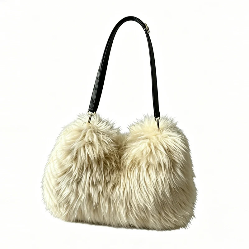 5 Colors Luxury Winter Ombre Faux Fur Leather Hobo Shoulder Tote Bag Women Single Strap Two-Tone Black Camel Fluffy Large Capacity Luxury Bags Ladies Apparel Accessories