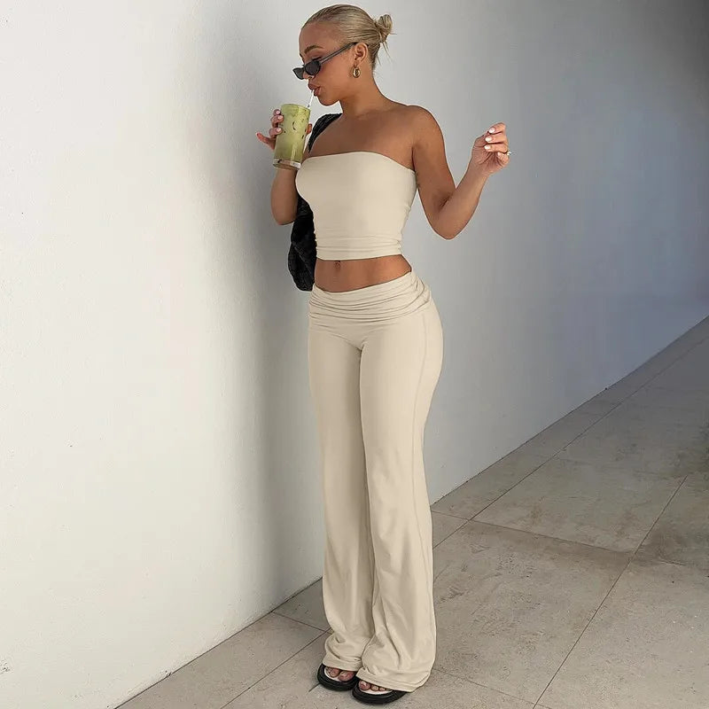 2 PCS Set 5 Colors  Crop Tube Tank Top and Flare Pants Sets Women's Spring Summer Clothing Sweat Suit Set Streetwear Outfit Ladies Casual Clothing Supplies