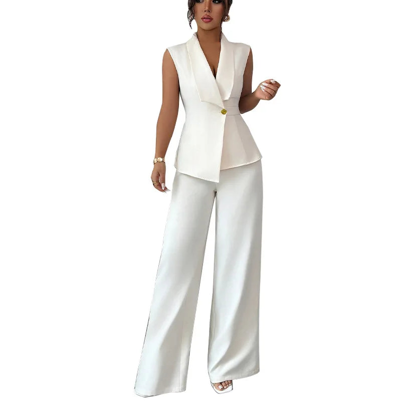2 PCS Set Women Autumn Spring Summer Outfits Solid Elegant Vest Straight Leg Pants Matching Set Fall Business Night Dinner Office Lady Casual Suit for European American Style Ladies Clothing Supplies