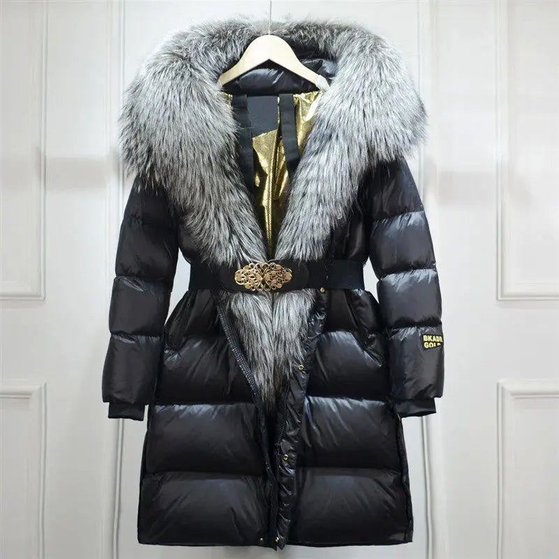 TikTok Most Popular (Few Units Left) 4 Colors Women White Duck Down Jacket With Real Natural Silver Red Fox Fur Hood Trim Belted Cinched Waist Slimming Hooded Winter Coat New Design Ladies Winter Apparel Supplies