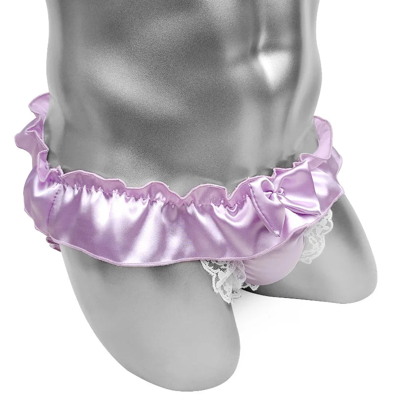 Lace Mens Jockstraps Lingerie Night Gay Male Panties Open Butt Wetlook Sexy Bowknot Sissy Satin Crotchless Underwear For Man