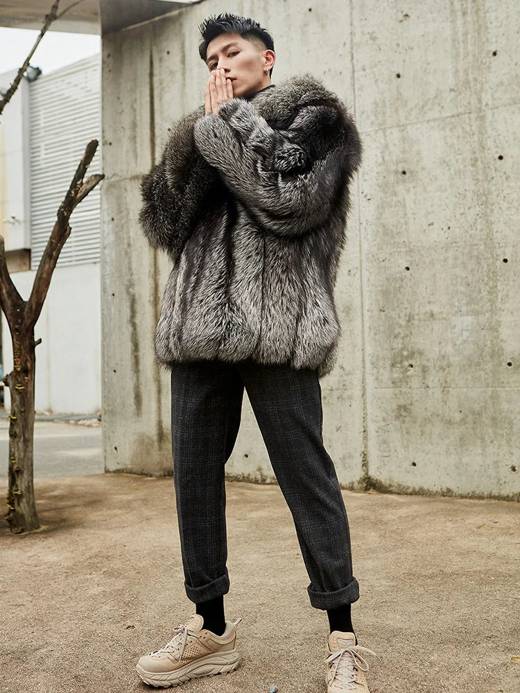 BEST PRICE White/Black Color M-3XL Plus Size Men's New Trendy Male Real Silver Fox Fur Lapel Design Coats Silver Fox Fluffy Furry Fur Coat Fur Jacket Gentleman Luxury Apparel Supplies