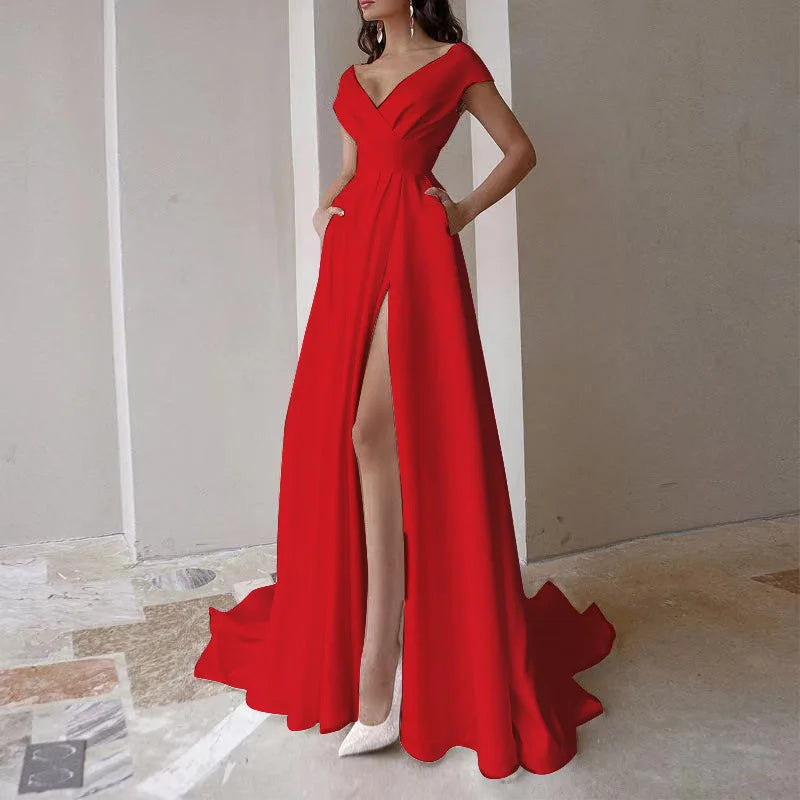 5 Colors Women Sexy V-Neck Evening Party Night Clubwear Long Maxi Dress Solid Elegant Sleeveless High Slit Dress Lady Fashion Off Shoulder Pleated Gown Ladies Sexy Apparel Supplies