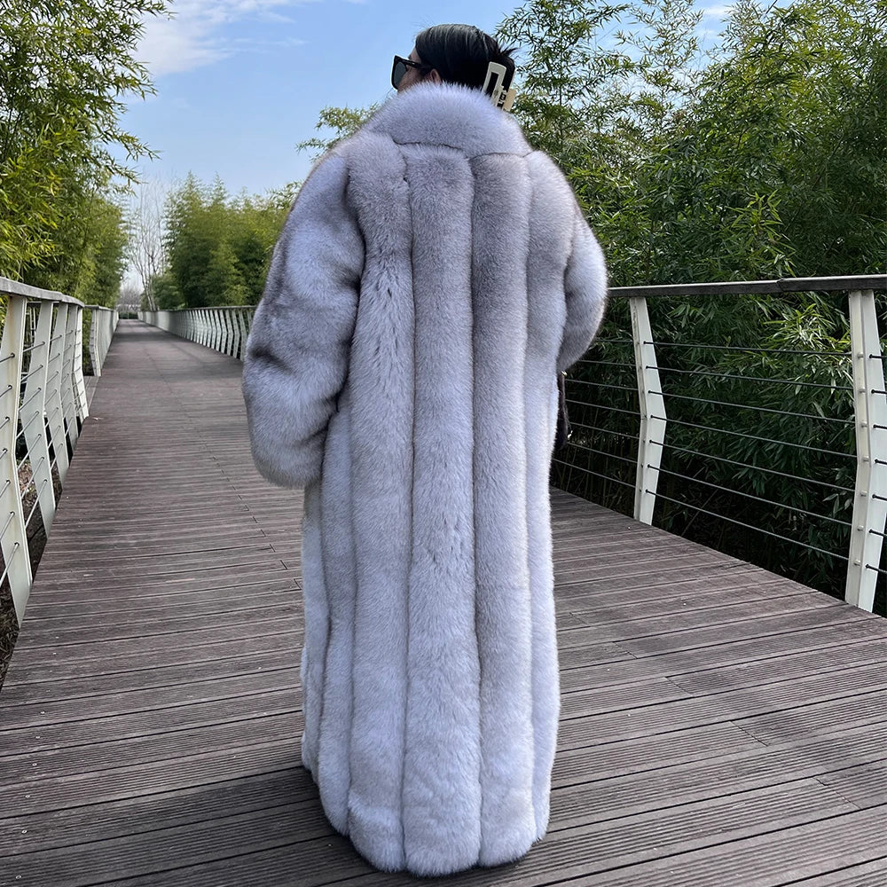 Boutique Gala HOT SALE (Few Units Left)  NEW  Women Winter Luxury Authentic Thick 100% BLUE Fox Fur Long Mink Coat Real Natural Blue Fox Fur Trench Longer Coats Authentic Fox Fur Jacket Best Quality Ladies Luxury Apparel Supp