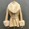 Boutique Gala HOT SALE ( Few Units Left) 8 Colors S-2XL Women's Top Quality Belted Black Real Sheepskin Leather Fur Coat Women Leather Jacket With Genuine Natural Fox Fur Collar Cuffs Ladies Winter Warm Outerwear Luxury Appar