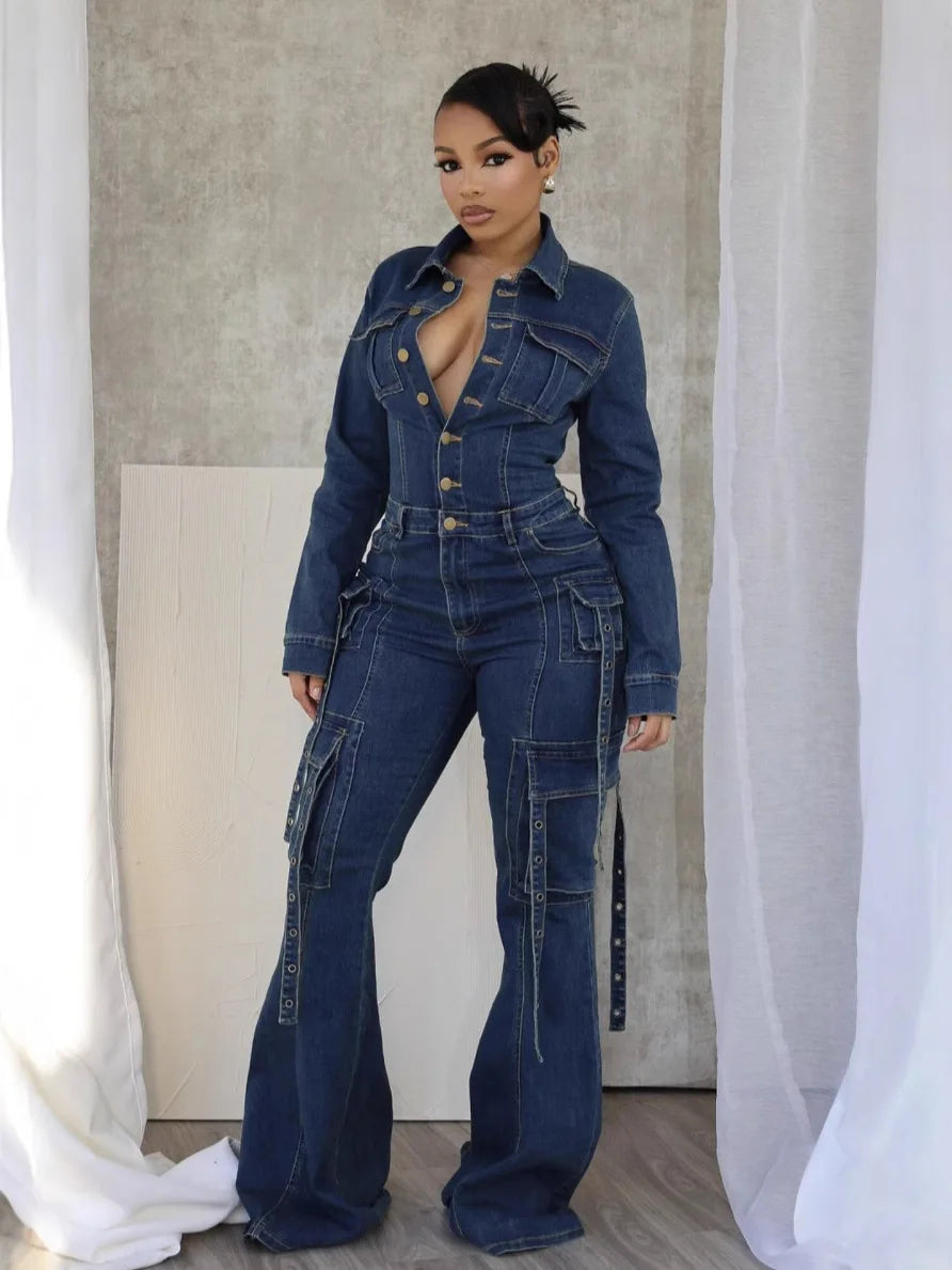 S-2XL Women Slim-Fit Flared Pants Multi-Pocket Denim Jean Jumpsuit Fashion Streetwear Bodysuit Casual Apparel Women Clothing Supplies