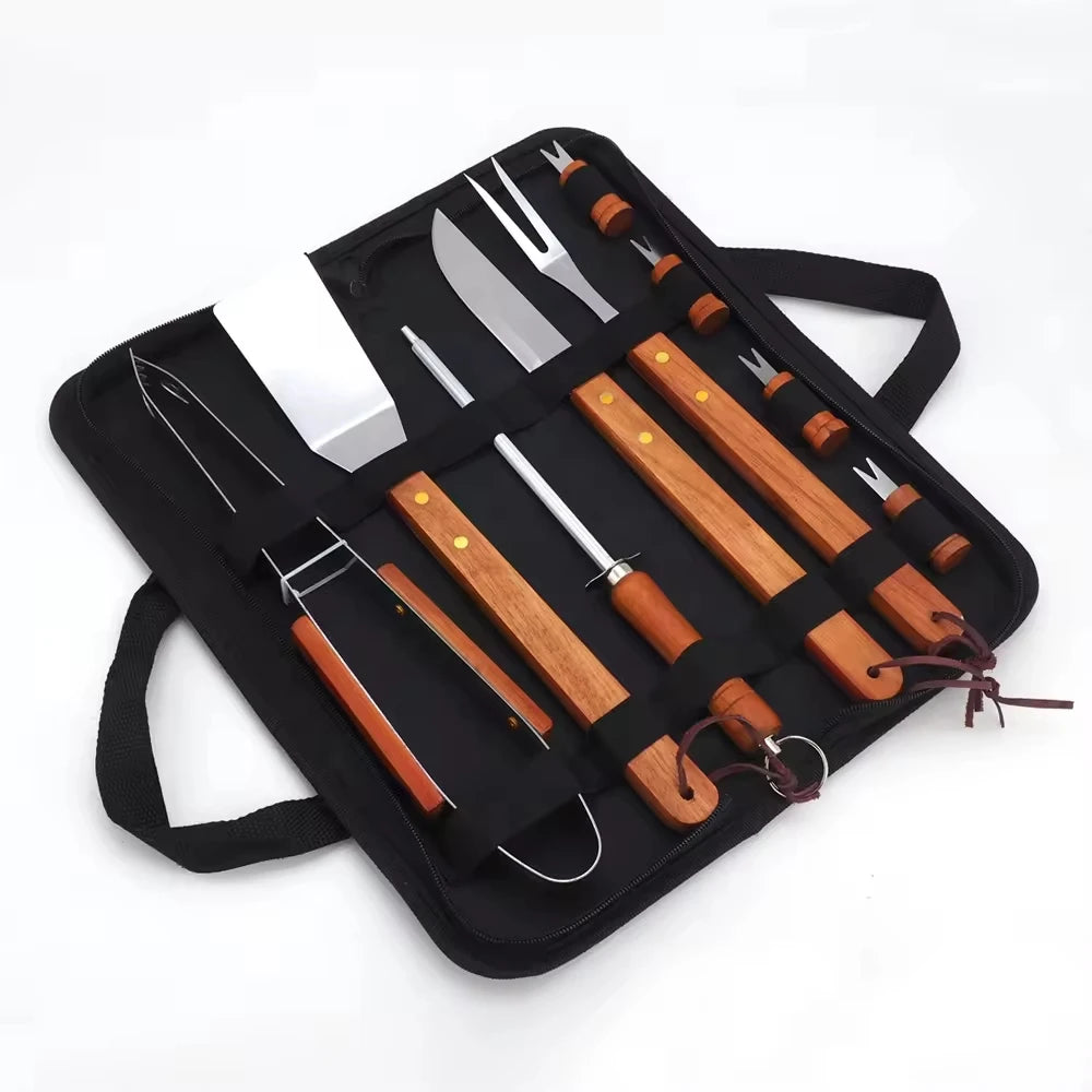 10 PCS Set Rotisserie Outdoor Picnic Courtyard BBQ Camping Grills Accessory Tool Kit Oxford Fabric Case Includes Metal Wooden Handle Barbecue Cooking Accessories