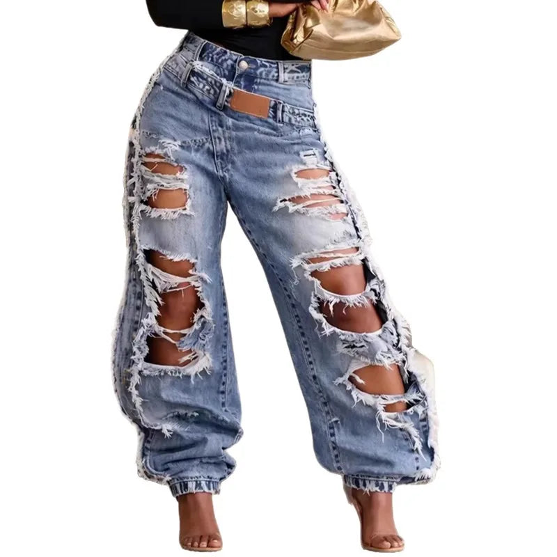 NEW Arrivals S-3XL Deconstructed Destroyed Ripped Cotton Denim Baggy Jeans Women Streetwear Y2K Slimming Elastic Cuff Jogger Trousers Women Casual Clothing Supplies