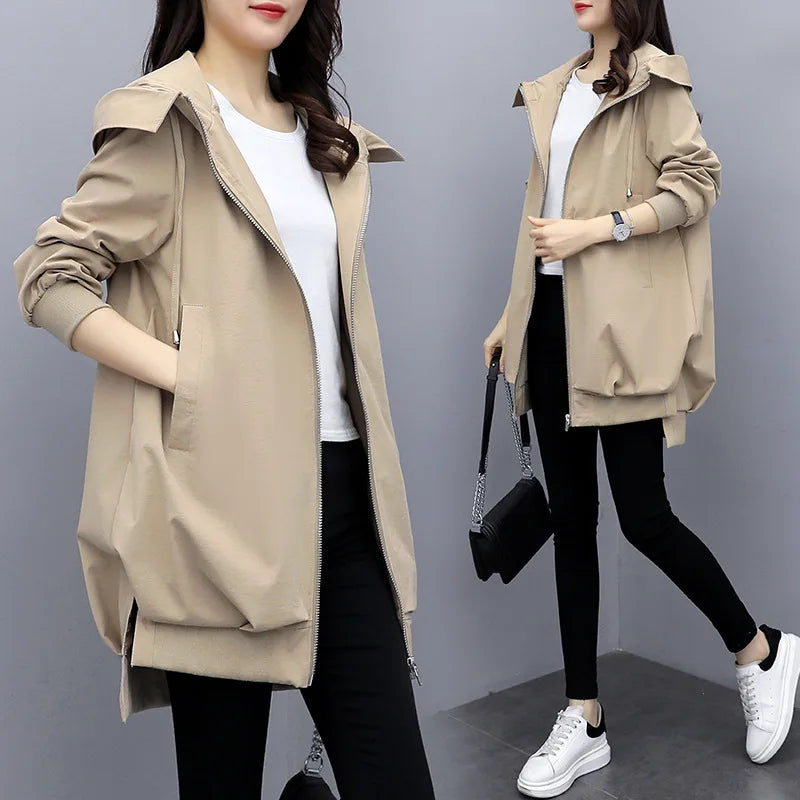 5 Colors S-3XL Women's Windbreaker Mid-Length Spring and Autumn New Korean  Version Casual Temperament Black Loose Hooded Fashion Coat Women Casual Clothing Supplies