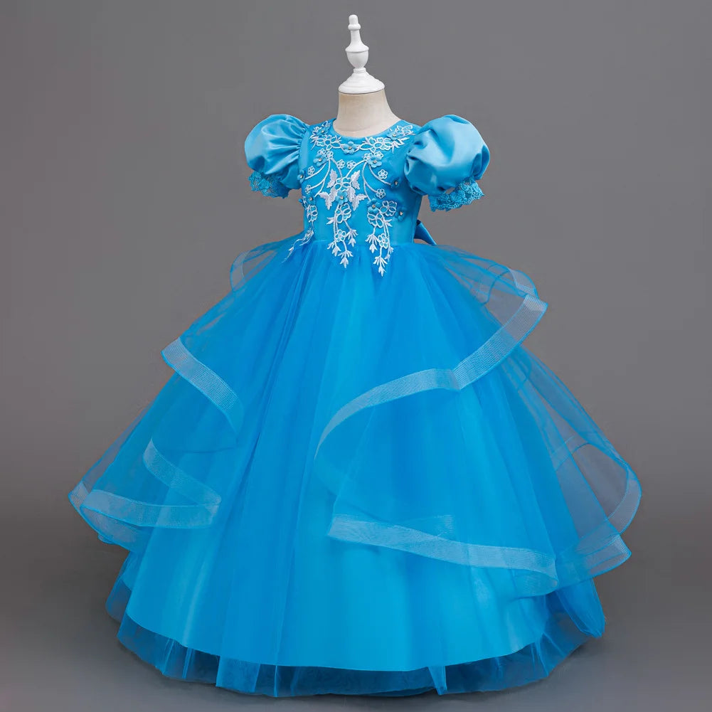 Blue/White/Pink/Red Color Bridesmaid  Girl Flower Dress Princess Evening Birthday Party Ball Gown Puff Sleeve Lace Applique Wedding Prom Party Embroidered Girl Gown Layered Tutu Dress for Girls,