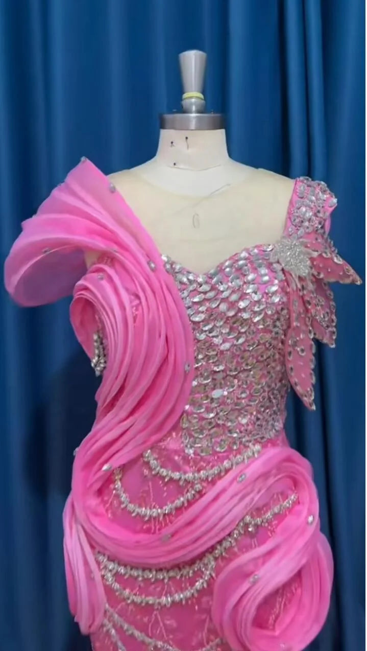 Boutique Gala HOT SALE Luxury Wedding Dress S-3XL Pink/Ivory Color Crystal Beaded Mermaid Gown ASO EBI Evening Party Prom Wear Sparkling Evening Dress Red Carpet Celebrities Gowns Ladies Luxury Apparel Supplies