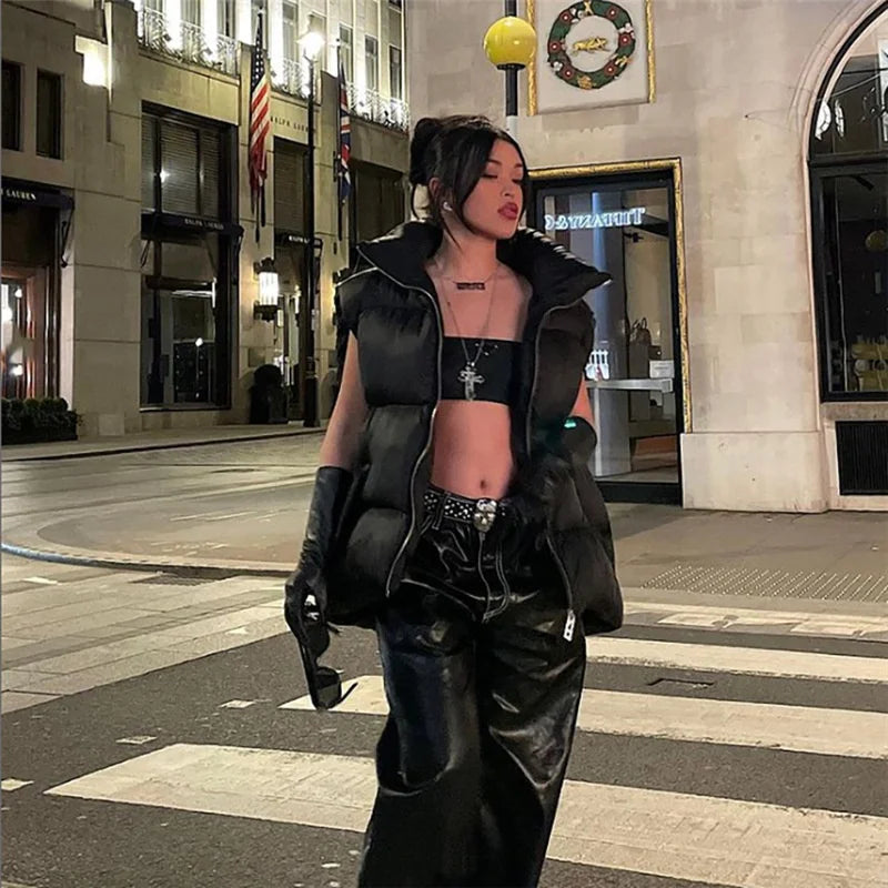 Black Color Winter Elegant Sleeveless Parkas Jacket Women Zip Up Puffer Vest Coats Turn Down Women Black Warm Faux Leather Outwear Tops  Warm Padded Vest Women Winter Apparel Accessories