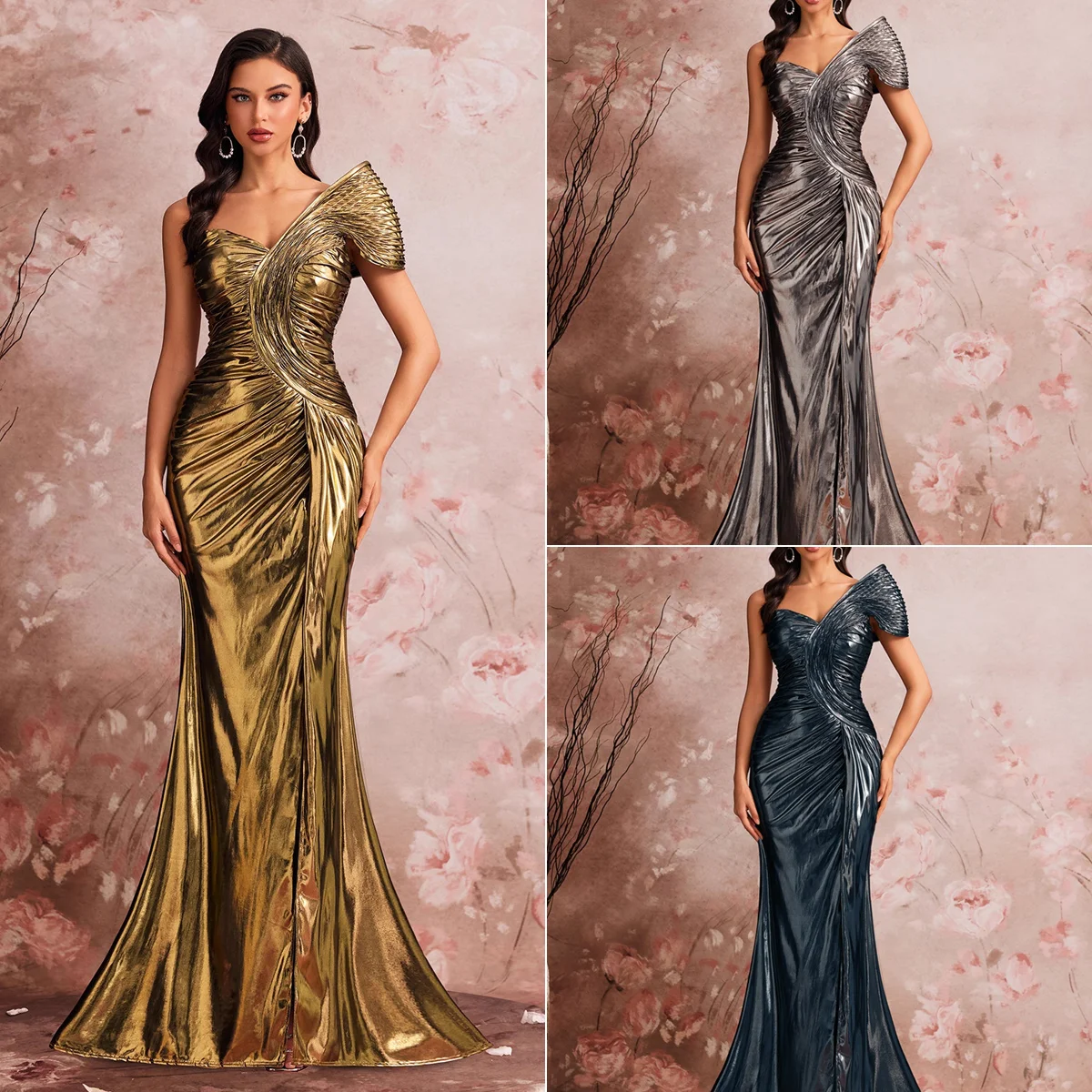 Mother of  Bride Luxury Gowns S-2XL for Women Evening Wedding Guest Party Dresses Elegant Floor-Length One-Shoulder Slit Pleated Mermaid Formal Party Dresses Ladies Luxury Apparel Supplies